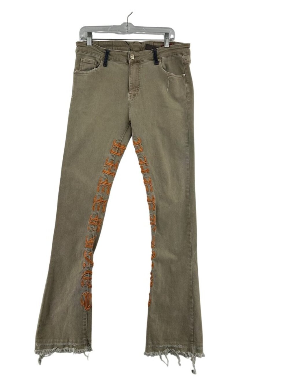 Pheelings Graphic Flare Jeans Gothic Embroidered Raw Hem Y2K Men's Size 34x32